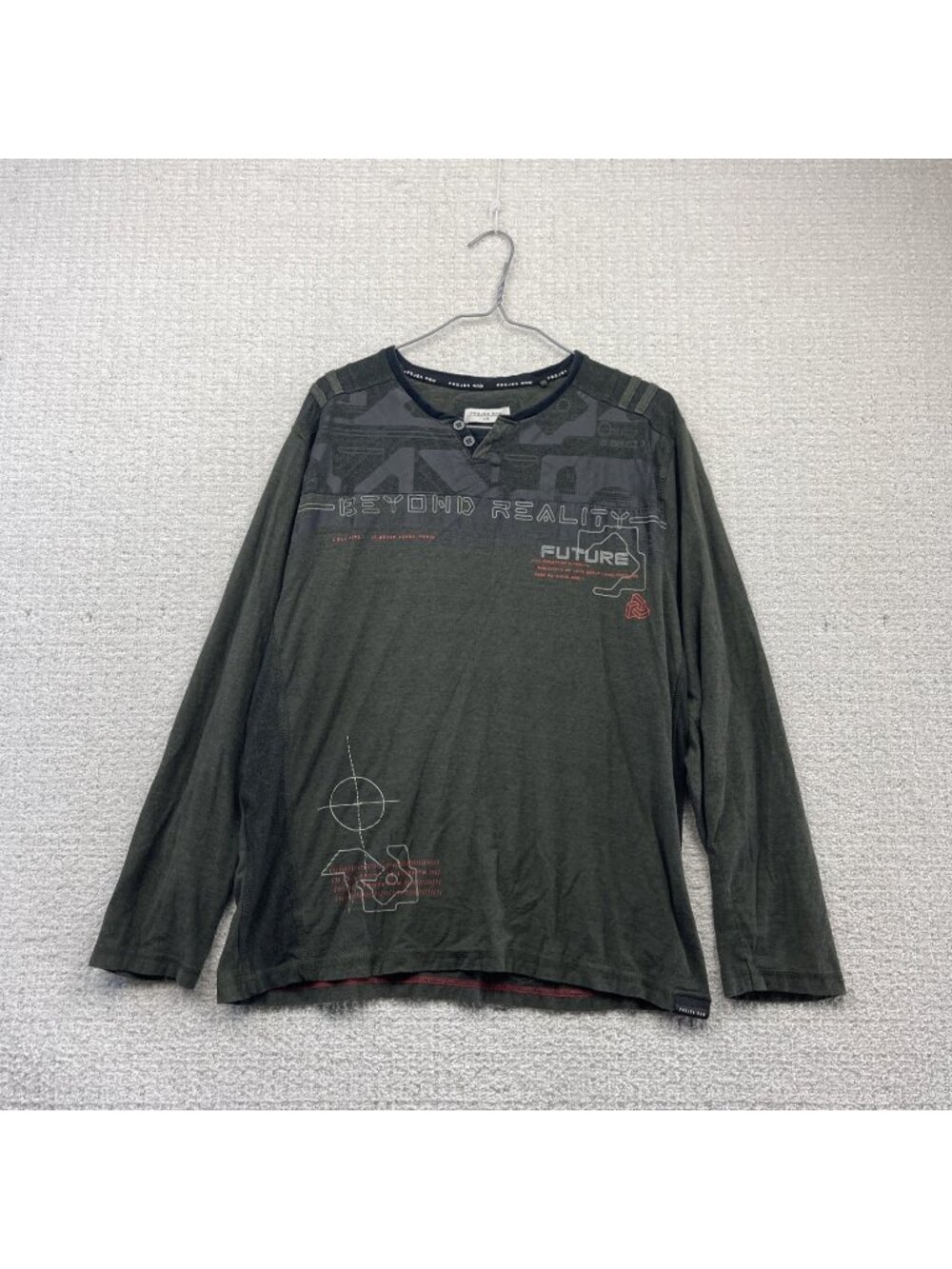 Projek Raw Large Henley T Shirt Long Sleeve Distressed Cyber Punk Goth Men Sz L